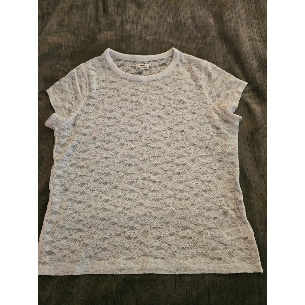 Aerie White Floral Lace Short Sleeve Crew Neck Top size Large